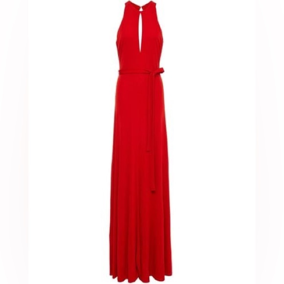 HALSTON RED SLEEVELESS OPEN-BACK MATTE JERSEY GOWN SIZE 16 - Picture 5 of 10